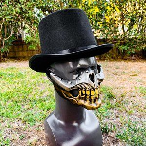 Gold Steampunk Mouth Skull Mask with Black TOP Hat Halloween Cosplay Costume